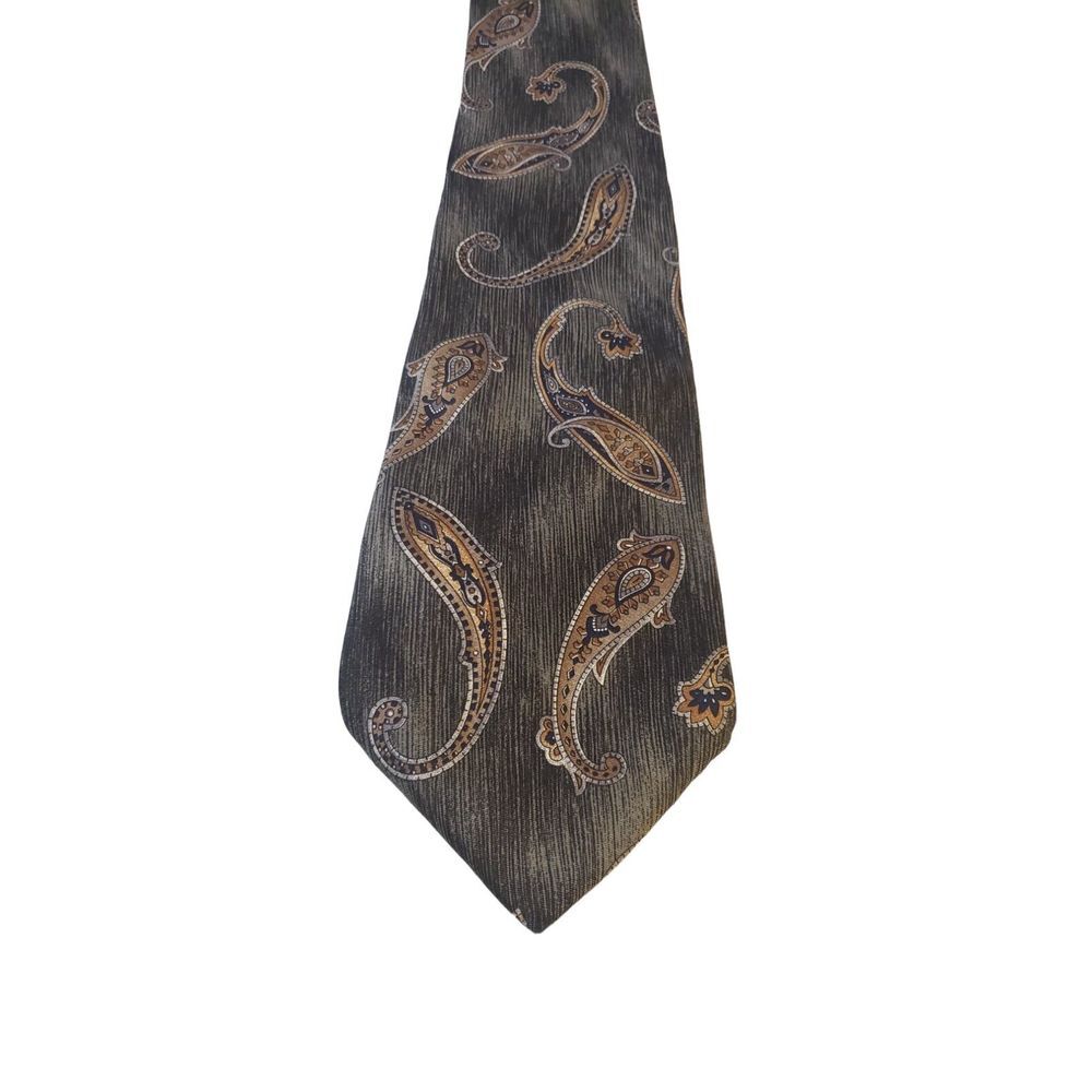 L'Atelier Luxury Paisley Silk Neck Tie Green‎ Tan Italian Print Office Church